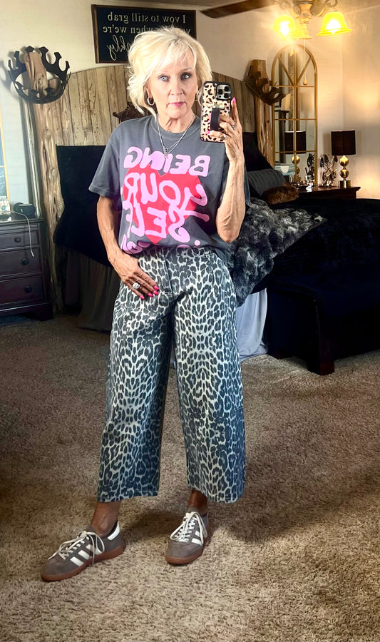 Animal print wide leg jean