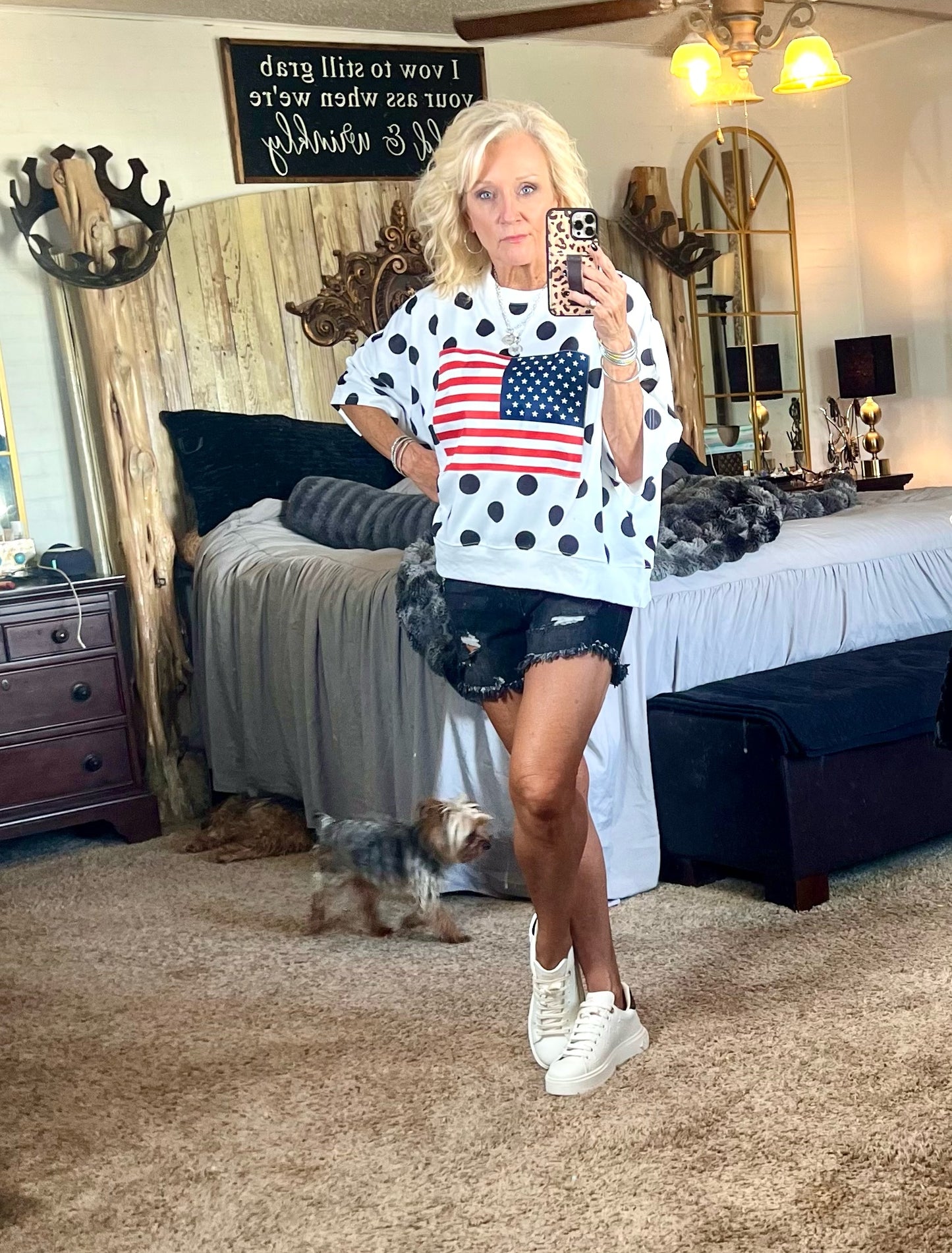 White polka dot flag shirt