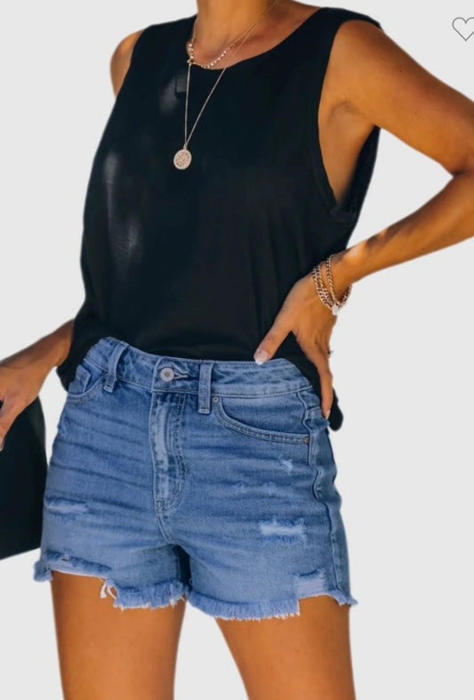 Distressed denim shorts- light wash