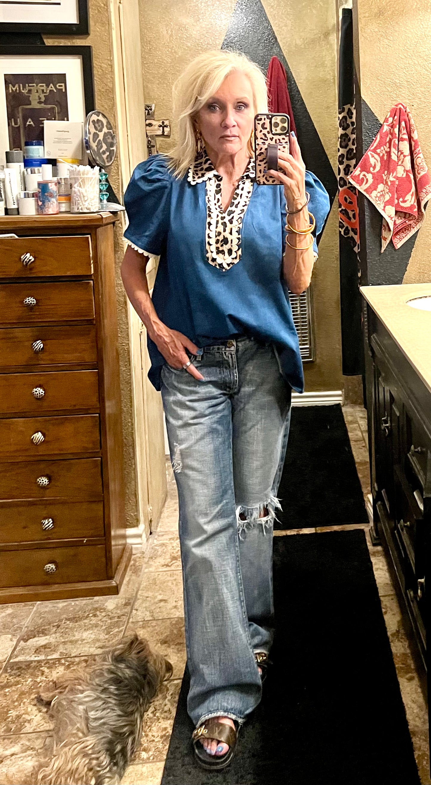 Denim top with cheetah accents