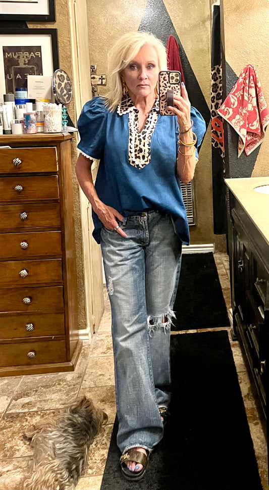 Denim top with cheetah accents