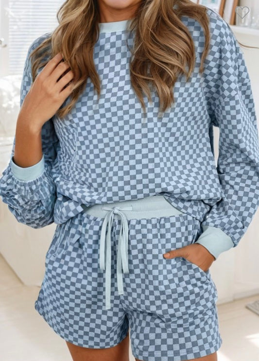 Blue Checkered long sleeve short set