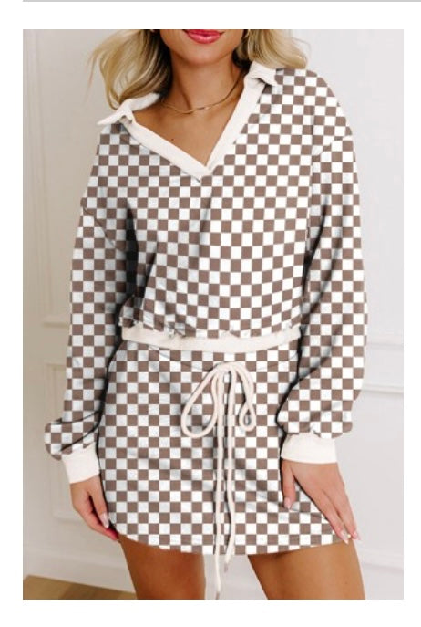 Brown checkered  skort set