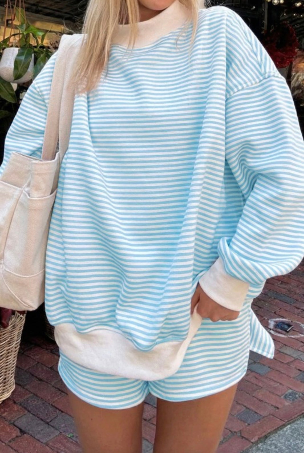 Blue and white striped short set