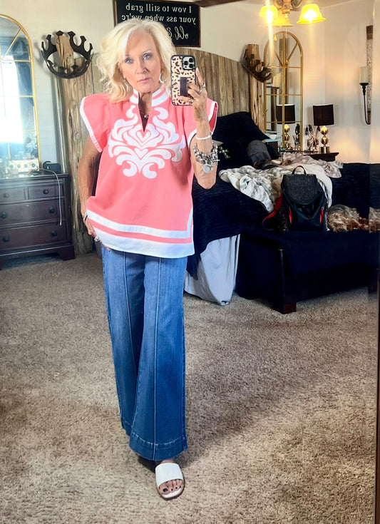 Pink and white v-neck top