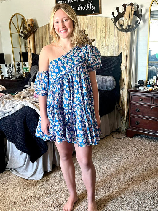 Blue floral one shoulder dress