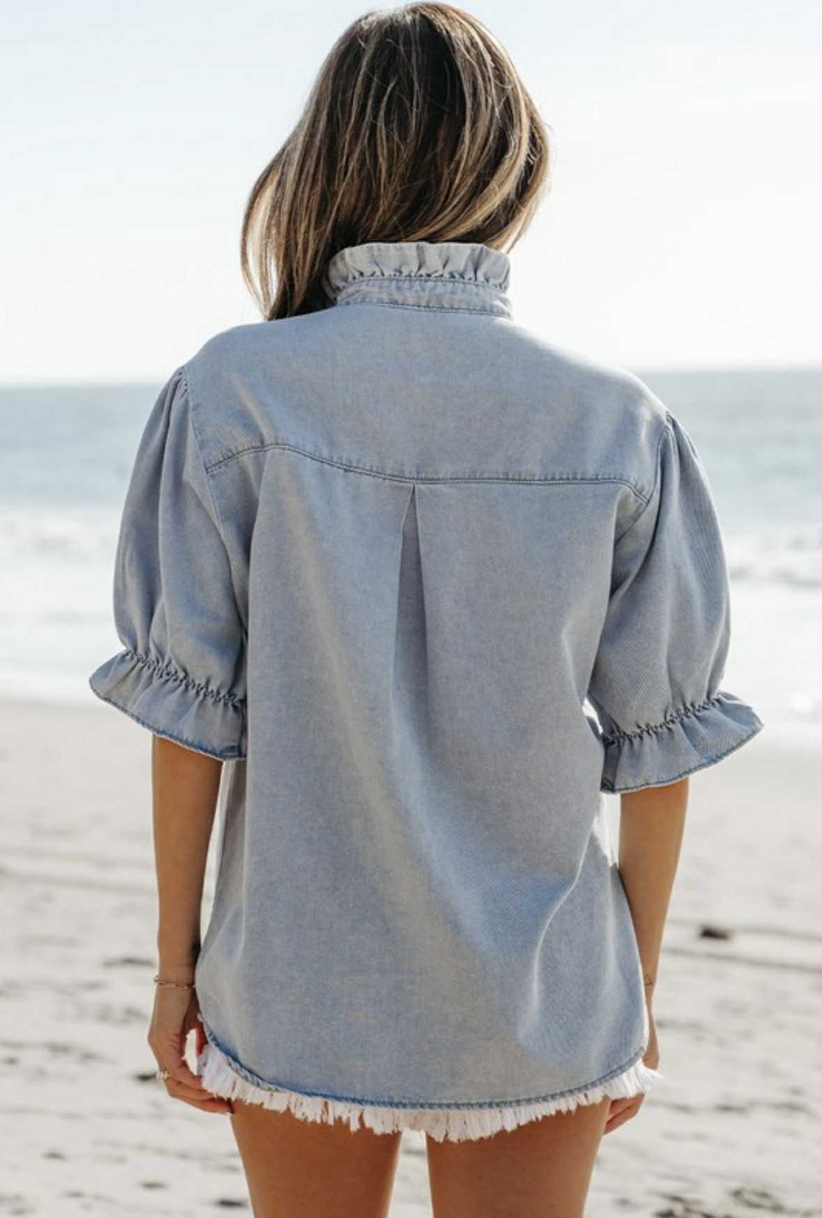 Chambray ruffle sleeve top