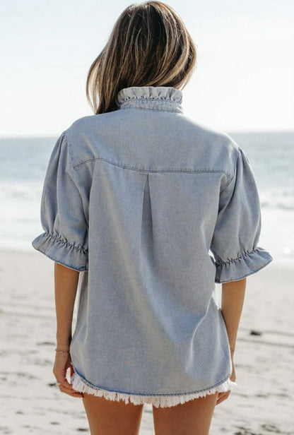 Chambray ruffle sleeve top